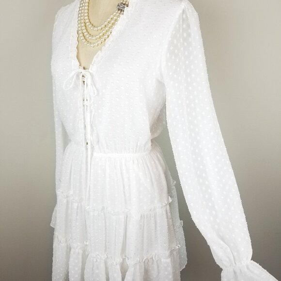 Venus White Chenille Dot Tiered Mini Dress with Long Sheer Sleeves Size Small - Picture 5 of 11
